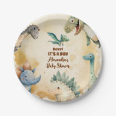 水彩可愛い恐竜の緑の男の子の赤ちゃんシャワー ペーパープレート (正面)