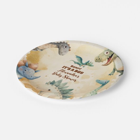 水彩可愛い恐竜の緑の男の子の赤ちゃんシャワー ペーパープレート (アングル)