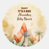 水彩可愛い恐竜の緑の男の子の赤ちゃんシャワー ラウンドシール (正面)