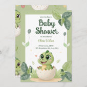 水彩可愛い恐竜の緑の男の子の赤ちゃんシャワー 招待状 (正面/裏面)