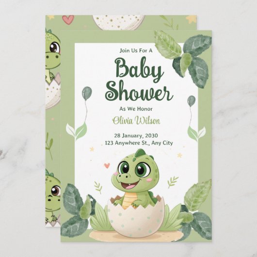 水彩可愛い恐竜の緑の男の子の赤ちゃんシャワー 招待状 (正面/裏面)