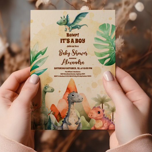 水彩可愛い恐竜の緑の男の子の赤ちゃんシャワー 招待状