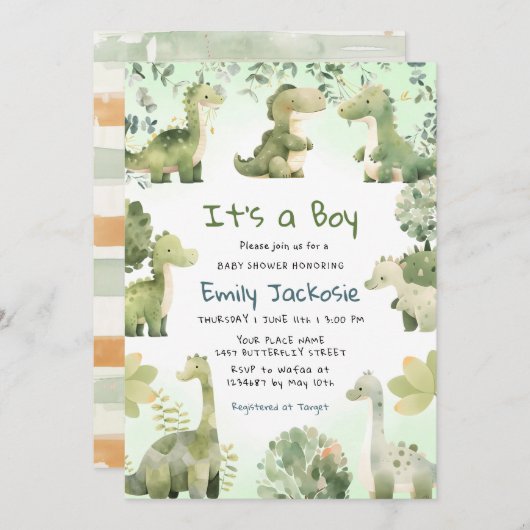 水彩可愛い恐竜の緑の男の子の赤ちゃんシャワー 招待状 (正面/裏面)