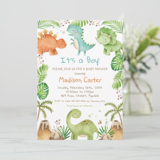 水彩可愛い恐竜の緑の男の子の赤ちゃんシャワー 招待状 (スタンド正面)