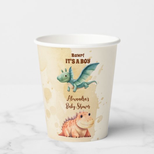 水彩可愛い恐竜の緑の男の子の赤ちゃんシャワー 紙コップ (裏面)