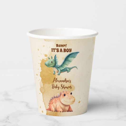 水彩可愛い恐竜の緑の男の子の赤ちゃんシャワー 紙コップ (正面)