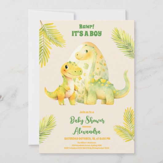 水彩可愛い恐竜の緑の男の子ベビーシューウェ 招待状 (正面)