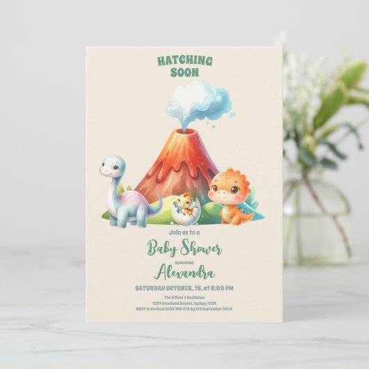 水彩可愛い恐竜の緑の赤ちゃんシャワー 招待状 (スタンド正面)