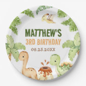 水彩可愛い恐竜の緑3歳の誕生日 ペーパープレート (正面)