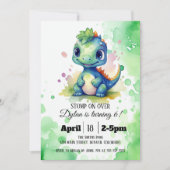 水彩可愛い恐竜グリーンボーイ誕生日 招待状 (正面)