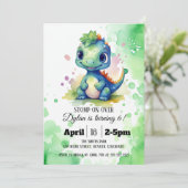 水彩可愛い恐竜グリーンボーイ誕生日 招待状 (スタンド正面)