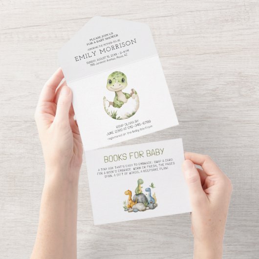 水彩可愛い恐竜ジャングル男の赤ちゃんシャワー オールインワン招待状 (貼ってはがせる)