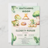 水彩可愛い恐竜ハッチングもうすぐ赤ちゃんシャワー 招待状 (正面)