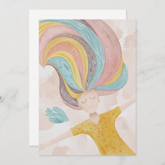 水彩可愛い漫画の女の子。ピンクの妖精ファンタジー (正面/裏面)