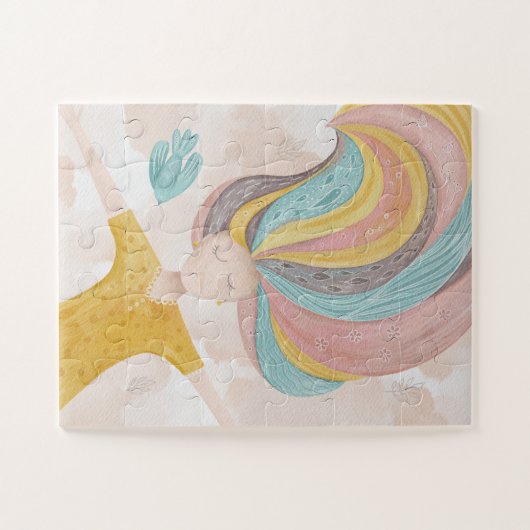 水彩可愛い漫画の女の子。ピンクの妖精ファンタジー ジグソーパズル (横)