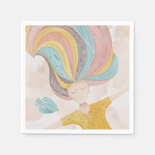 水彩可愛い漫画の女の子。ピンクの妖精ファンタジー スタンダードカクテルナプキン (正面)