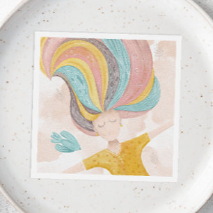 水彩可愛い漫画の女の子。ピンクの妖精ファンタジー スタンダードカクテルナプキン