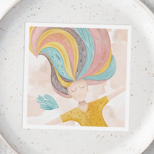 水彩可愛い漫画の女の子。ピンクの妖精ファンタジー スタンダードカクテルナプキン