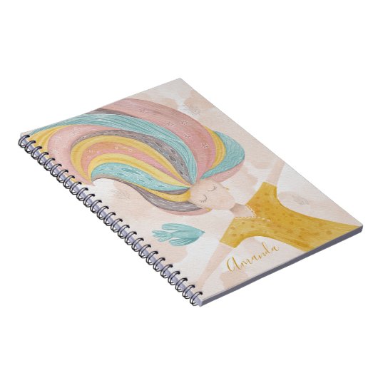 水彩可愛い漫画の女の子。ピンクの妖精ファンタジー ノートブック (右側)