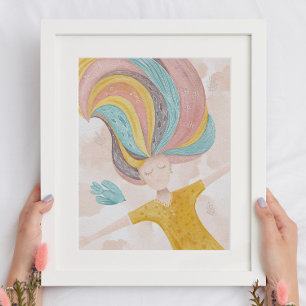 水彩可愛い漫画の女の子。ピンクの妖精ファンタジー ポスター