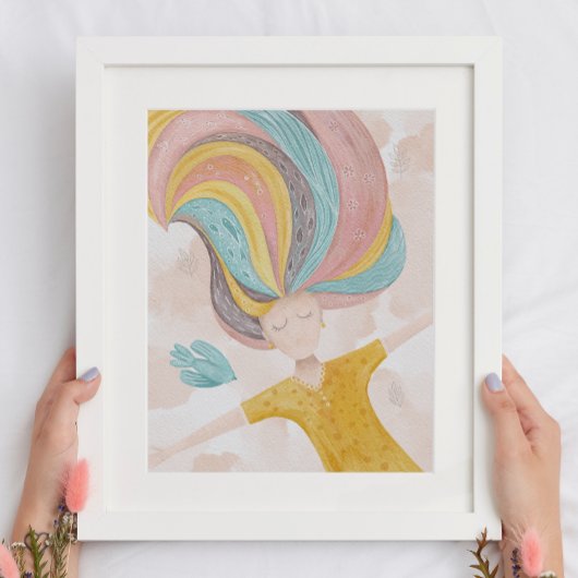 水彩可愛い漫画の女の子。ピンクの妖精ファンタジー ポスター