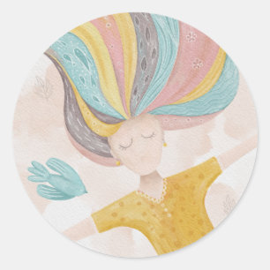 水彩可愛い漫画の女の子。ピンクの妖精ファンタジー ラウンドシール