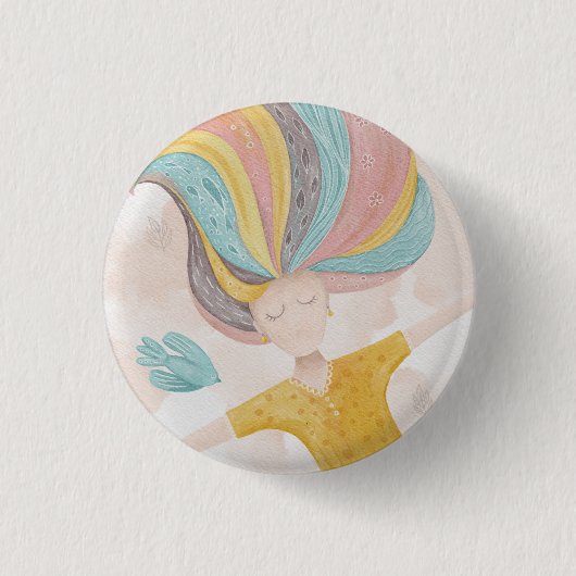 水彩可愛い漫画の女の子。ピンクの妖精ファンタジー 缶バッジ (正面)