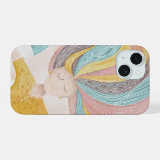 水彩可愛い漫画の女の子。ピンクの妖精ファンタジー iPhone 15ケース (裏面横)