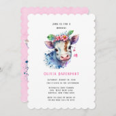 水彩可愛い牛と花模様女の子ベビーシャワー 招待状 (正面/裏面)