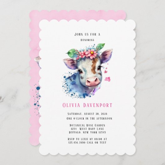 水彩可愛い牛と花模様女の子ベビーシャワー 招待状 (正面/裏面)
