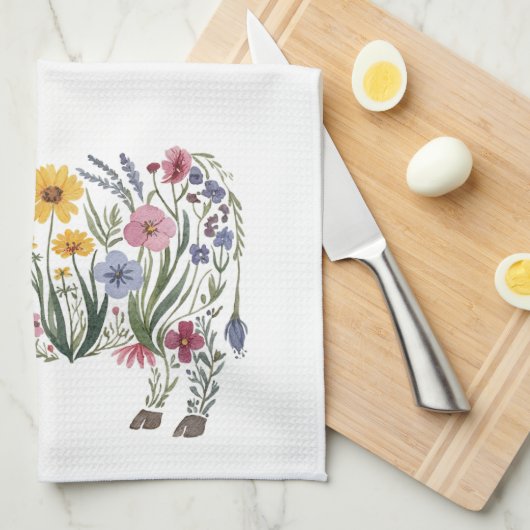 水彩可愛い牛の形をした野草 キッチンタオル (四つ折り)