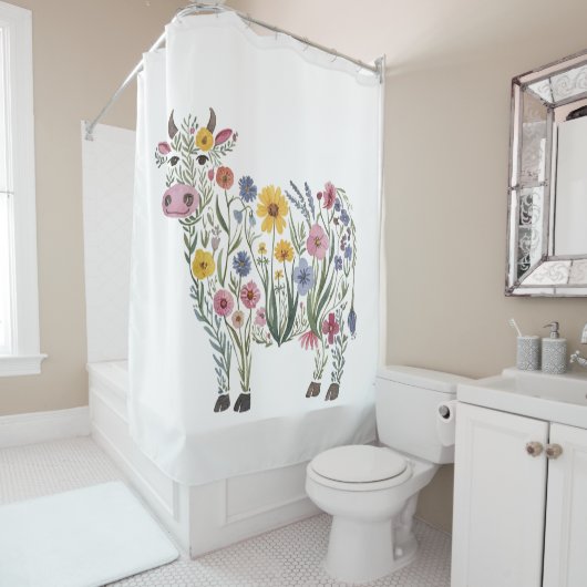 水彩可愛い牛の形をした野草 シャワーカーテン (インサイチュ)