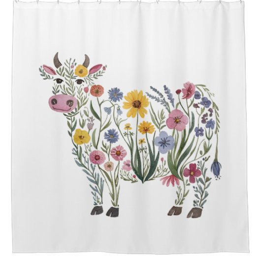 水彩可愛い牛の形をした野草 シャワーカーテン (正面)