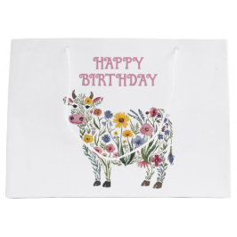 水彩可愛い牛の形をした野草 ラージペーパーバッグ