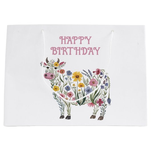 水彩可愛い牛の形をした野草 ラージペーパーバッグ (正面)