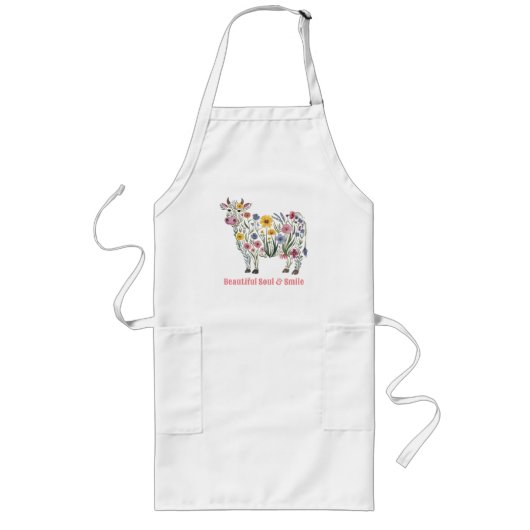 水彩可愛い牛の形をした野草 ロングエプロン (正面)