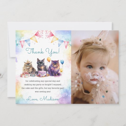 水彩可愛い猫ネコサンキューカード 招待状 (正面)