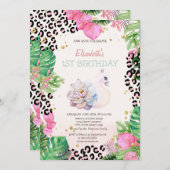 水彩可愛い白鳥トロピカルフラワーズ誕生日 招待状 (正面/裏面)