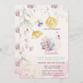 水彩可愛い白鳥ワイルドフラワーズ誕生日 招待状 (正面/裏面)