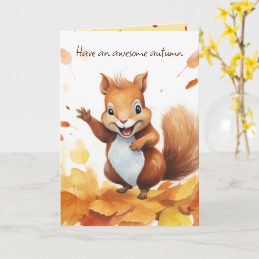 水彩可愛い秋リス カード (黄色い花)