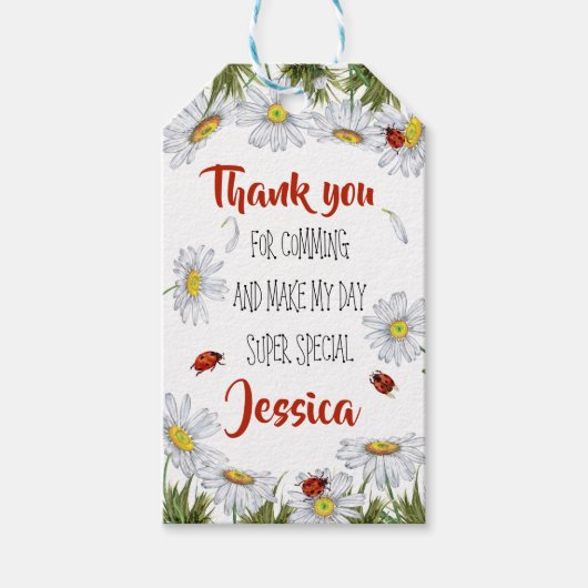 水彩可愛い誕生日ガールレディバグ ギフトタグ (正面)