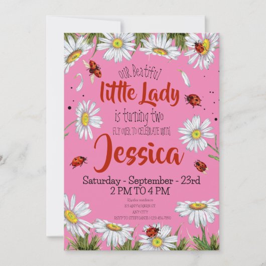 水彩可愛い誕生日ガールレディバグ 招待状 (正面)