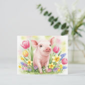 水彩可愛い豚の花若い動物はがき ポストカード (スタンド正面)