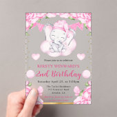 水彩可愛い象とピンクローズ誕生日 アクリル招待状 (インサイチュ (ポータブル))