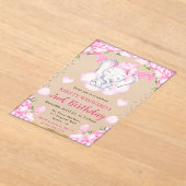 水彩可愛い象とピンクローズ誕生日 アクリル招待状 (レイダウン)