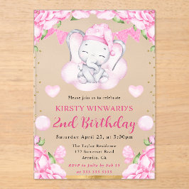 水彩可愛い象とピンクローズ誕生日 アクリル招待状