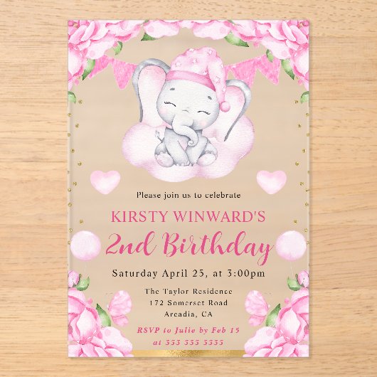 水彩可愛い象とピンクローズ誕生日 アクリル招待状 (正面)