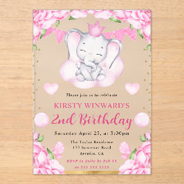水彩可愛い象とピンクローズ誕生日 アクリル招待状