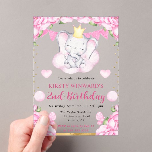 水彩可愛い象とピンクローズ誕生日 アクリル招待状 (インサイチュ (ポータブル))
