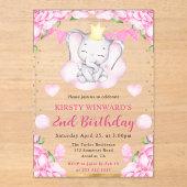 水彩可愛い象とピンクローズ誕生日 アクリル招待状 (正面)